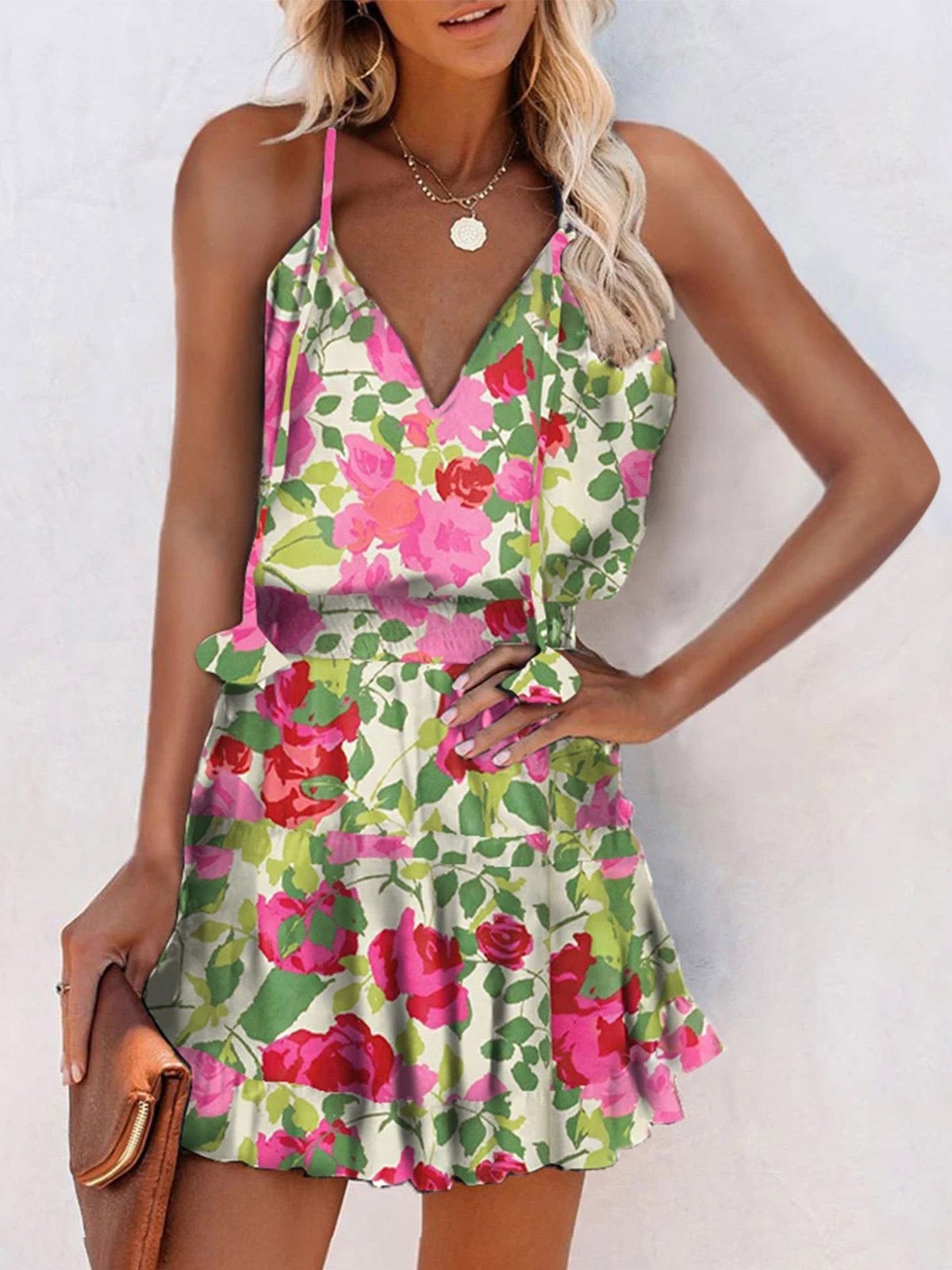 V-Neck Sleeveless Floral Print Suspender Dress Ins Street