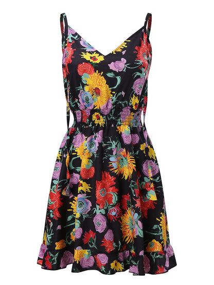 V-Neck Sleeveless Floral Print Suspender Dress