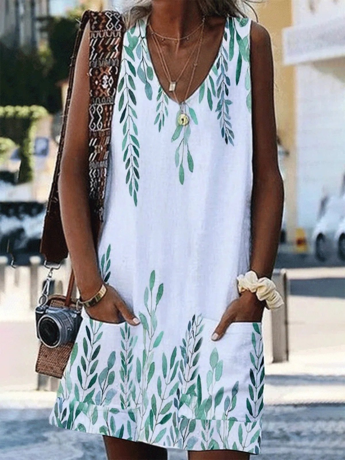 V-Neck Sleeveless Leaf Print Pocket Loose Dress Ins Street