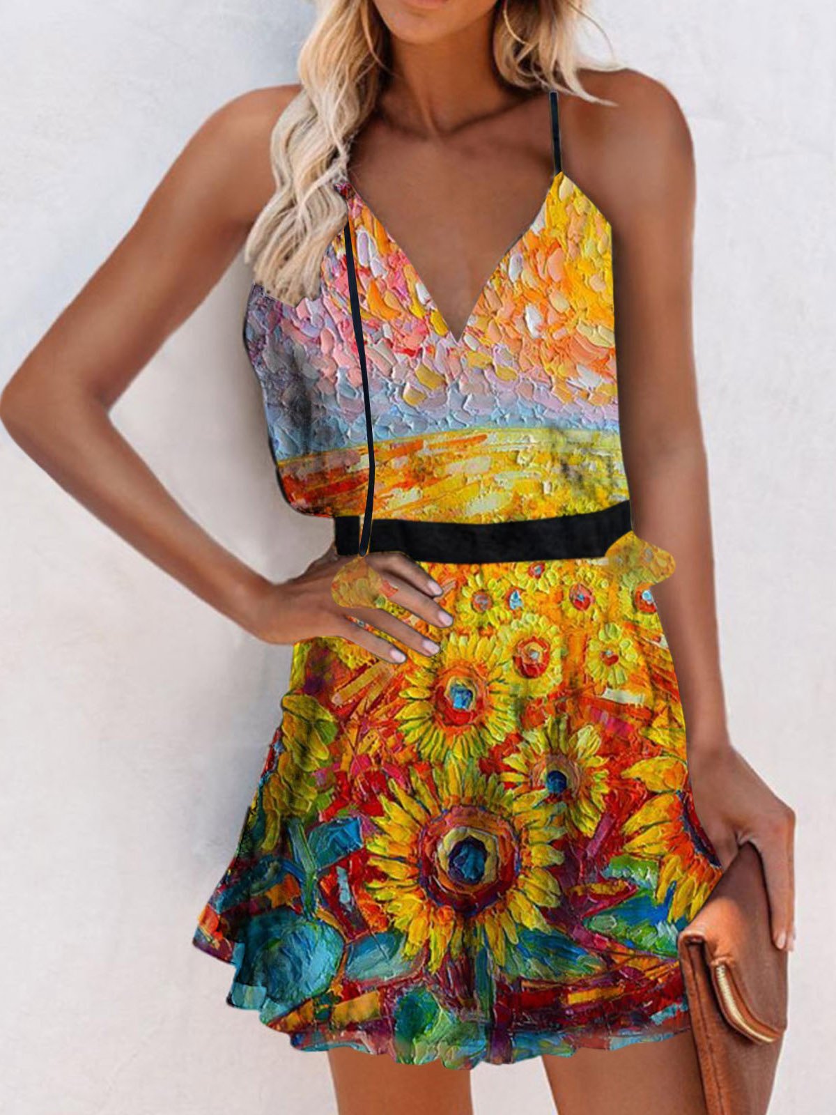 V-Neck Sleeveless Print Suspender Dress