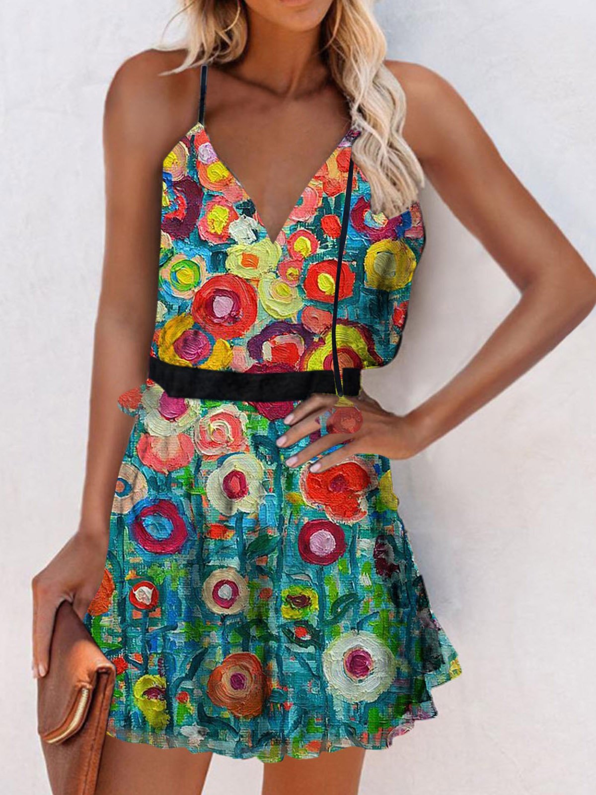 V-Neck Sleeveless Print Suspender Dress Ins Street