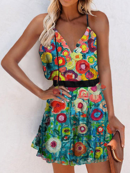 V-Neck Sleeveless Print Suspender Dress