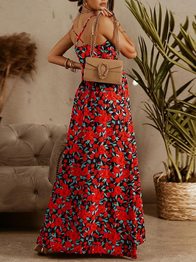 V-neck Sling Floral Bohemian Beach Dress