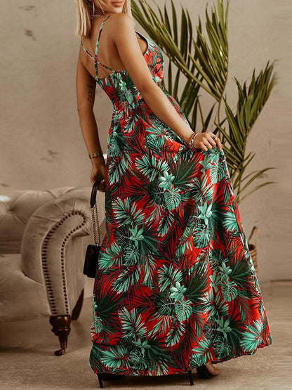 V-neck Sling Floral Bohemian Beach Dress