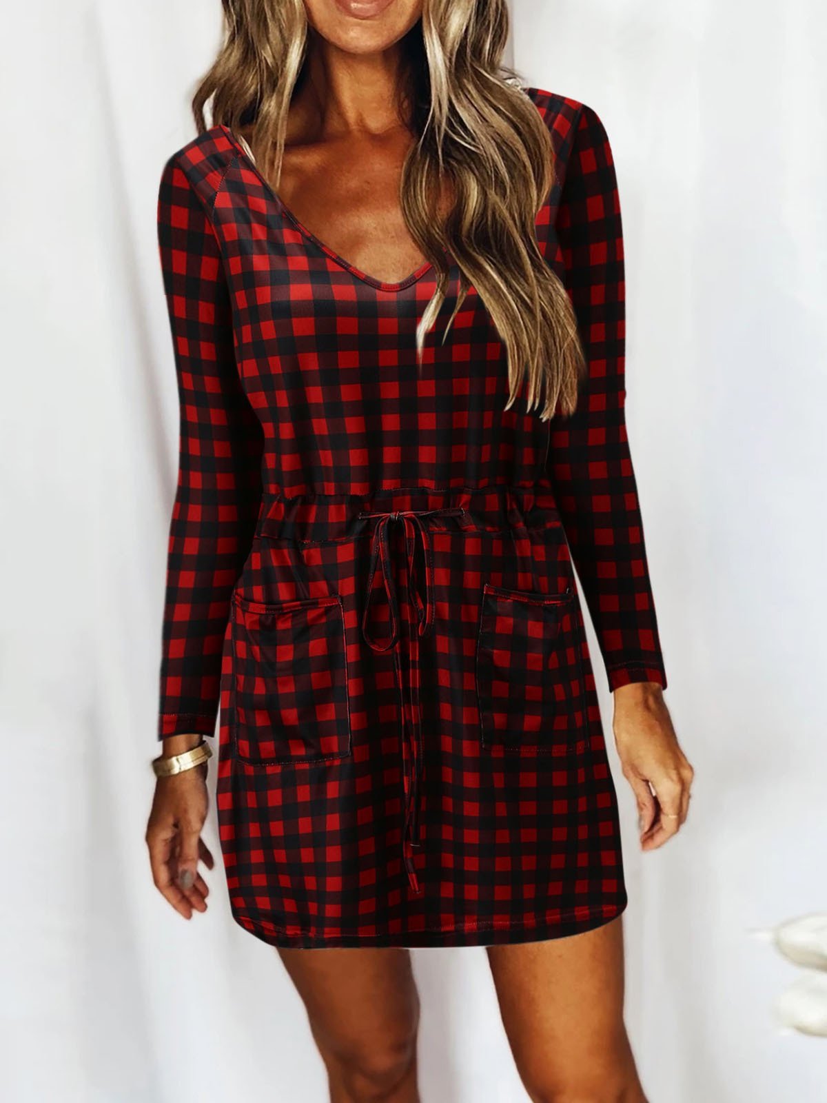 V-Neck Slot Pocket Lace-Up Long Sleeve Casual Dress Ins Street