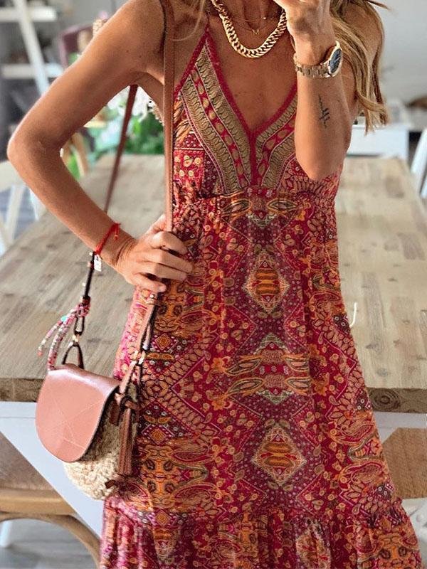 V-neck Strap Bohemian Holiday Print Dress