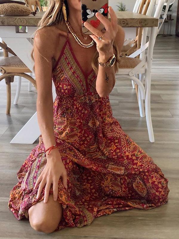 V-neck Strap Bohemian Holiday Print Dress