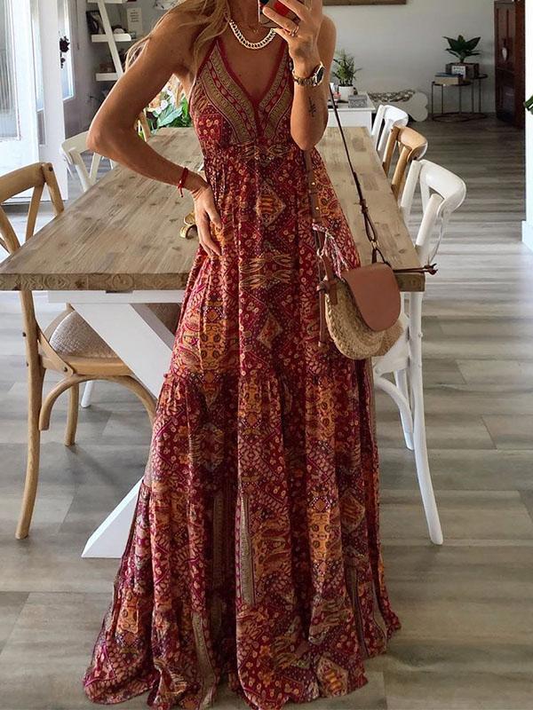 V-neck Strap Bohemian Holiday Print Dress Ins Street