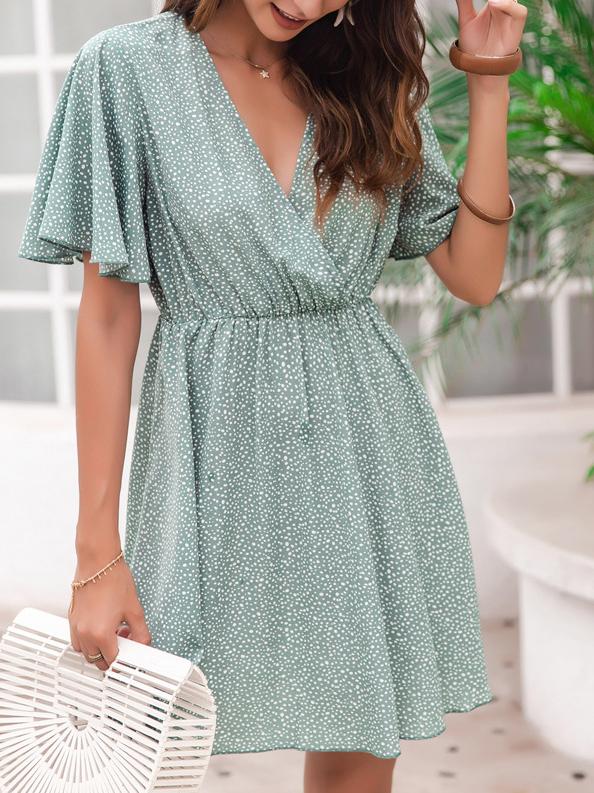 Vacation Polka Dot Print V-Neck Short Sleeve Dress