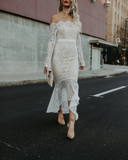 Elegance Lace Trumpet Dress - White