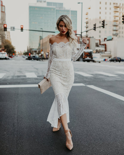 Elegance Lace Trumpet Dress - White