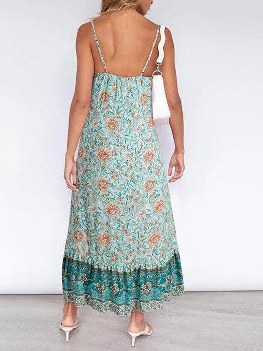 Deep V Neck Sling Floral Print Dress