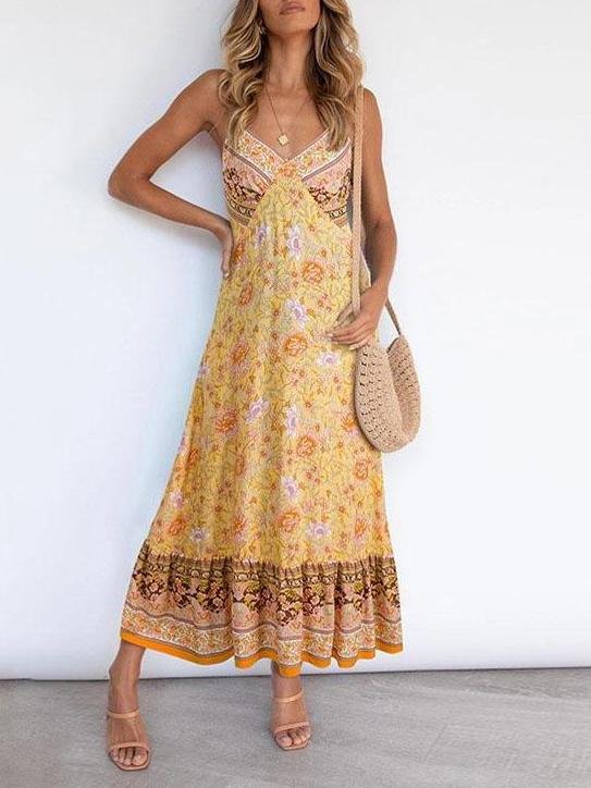 Deep V Neck Sling Floral Print Dress Ins Street