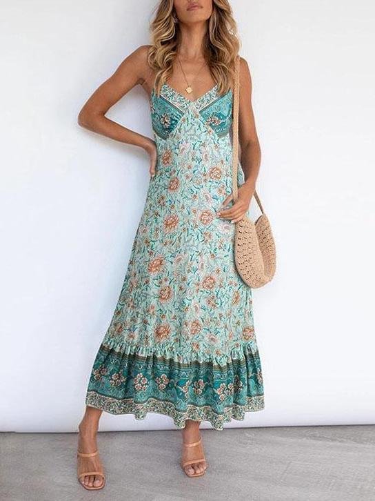 Deep V Neck Sling Floral Print Dress Ins Street