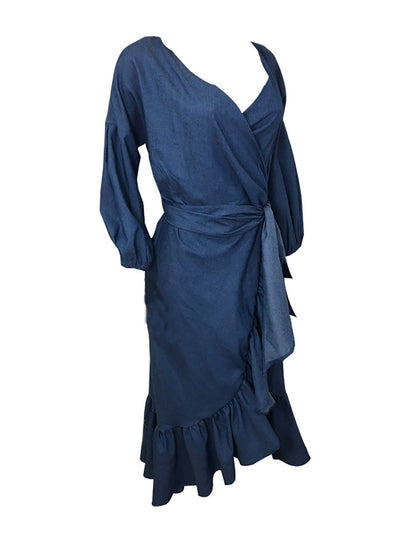 Women Denim V Neck Puff Long Sleeve Ruffle Trim Hem Dress