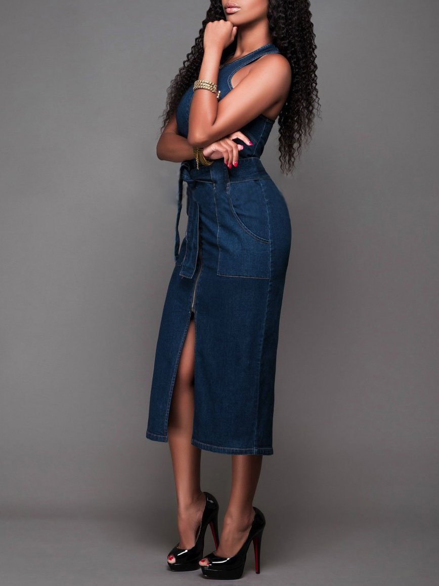 Women Elegant  Sleeveless Denim Jean Dress with Zipper Belt