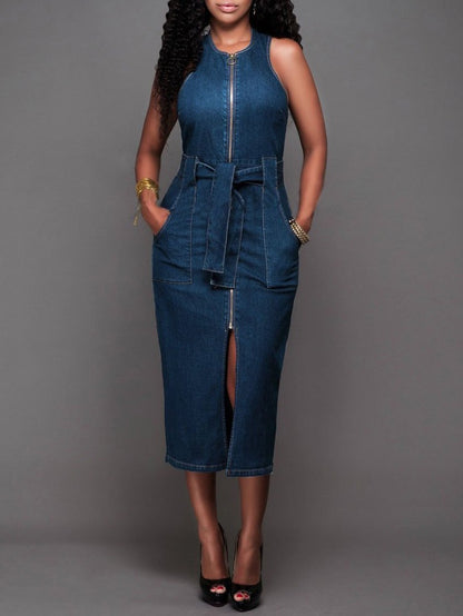 Women Elegant  Sleeveless Denim Jean Dress with Zipper Belt Ins Street