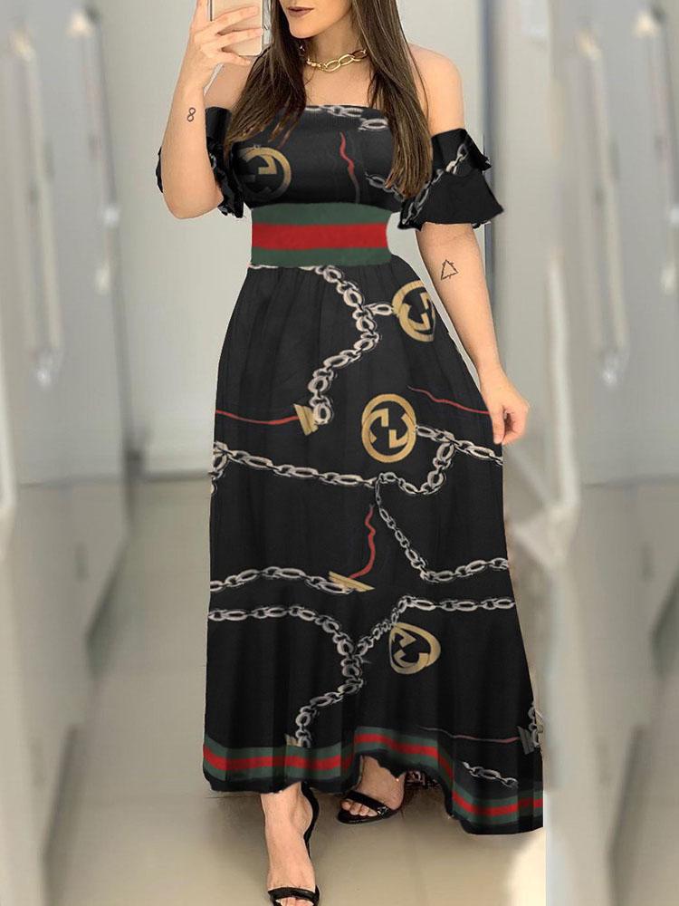 Women Off Shoulder Short Sleeve Graphic Print Dress