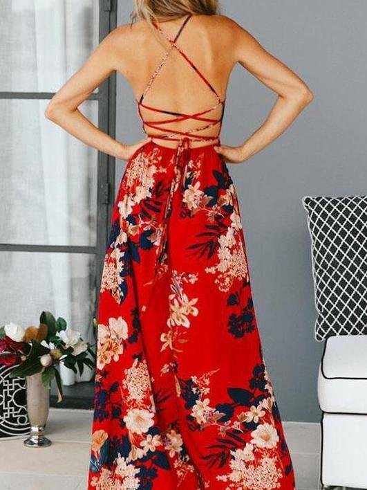 Women Sleeveless Sling V Neck Floral Print Dress