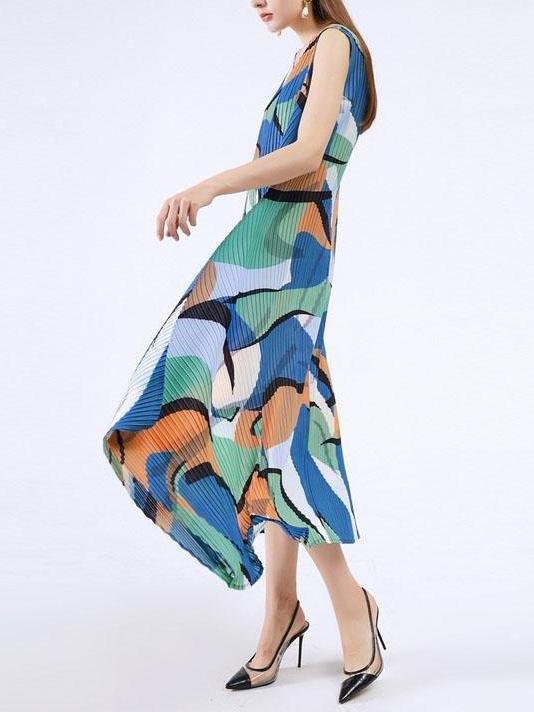 Women V Neck Sleeveless Geometry Print Irregular Hem Dress