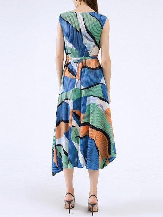 Women V Neck Sleeveless Geometry Print Irregular Hem Dress