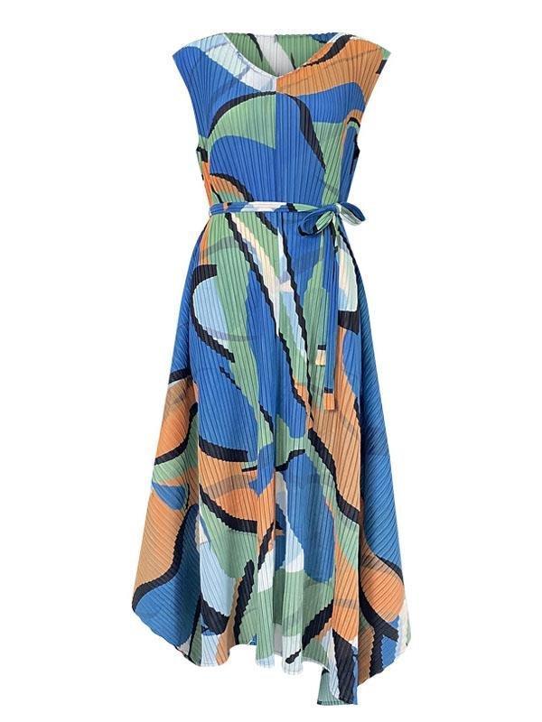 Women V Neck Sleeveless Geometry Print Irregular Hem Dress