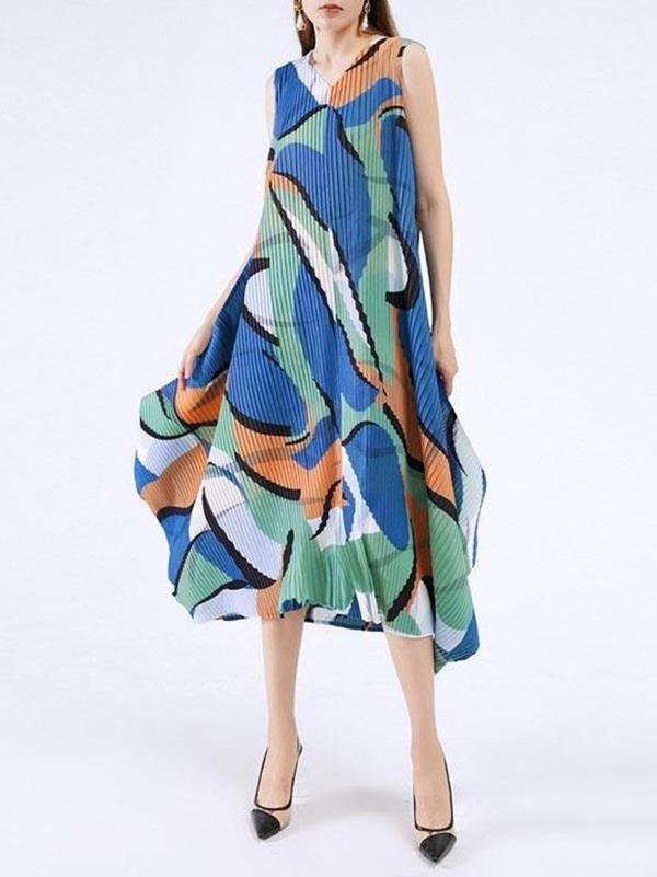 Women V Neck Sleeveless Geometry Print Irregular Hem Dress