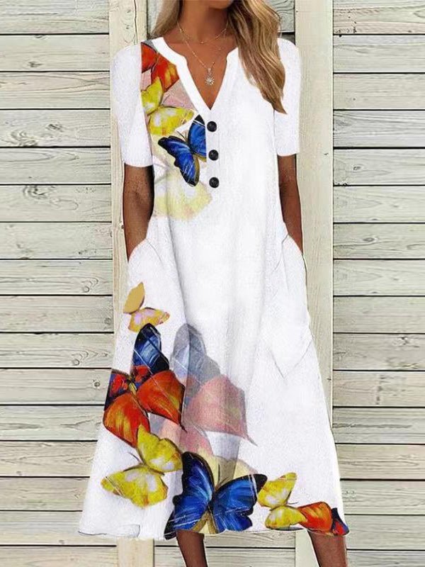 Butterfly Print V-Neck Button Short Sleeve Pocket Dress