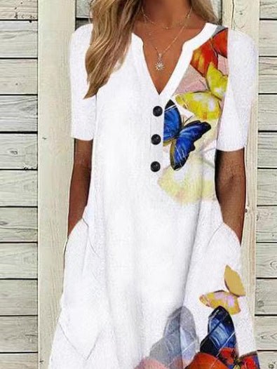 Butterfly Print V-Neck Button Short Sleeve Pocket Dress