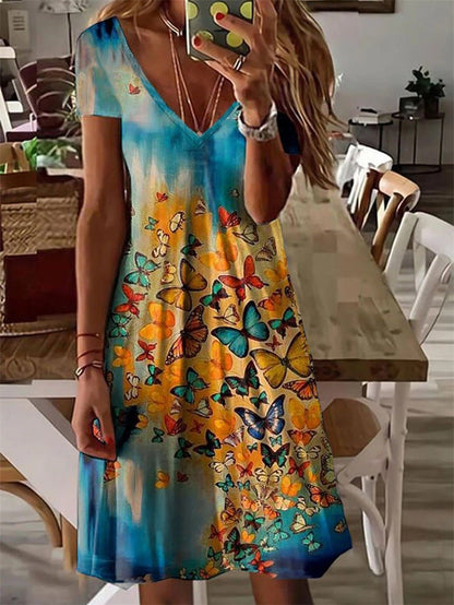 Butterfly Print V-Neck Short Sleeve Dress