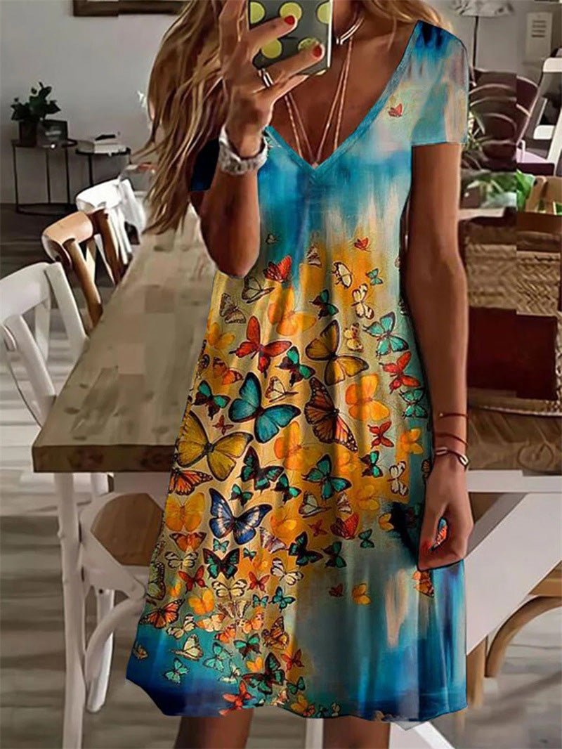 Butterfly Print V-Neck Short Sleeve Dress Ins Street