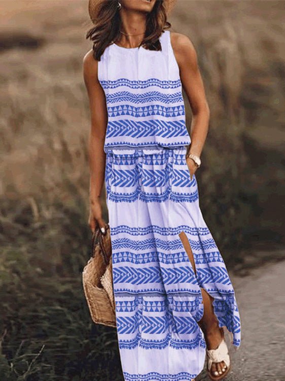 Casual Crew Neck Printed Slit Dress Ins Street