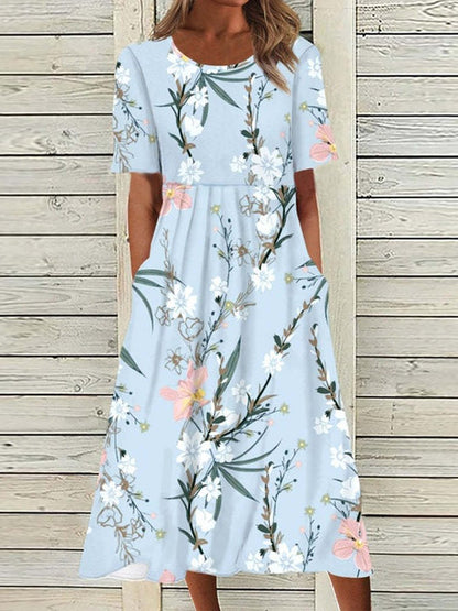 Floral Round Neck Short Sleeve Pocket Dress