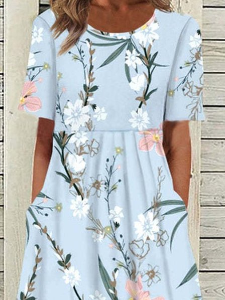 Floral Round Neck Short Sleeve Pocket Dress