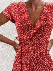 Floral V-Neck Ruffled Lace-Up Dress