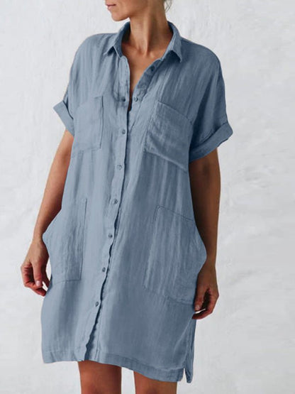 Lapel Short Sleeve Pocket Shirt Dress Ins Street