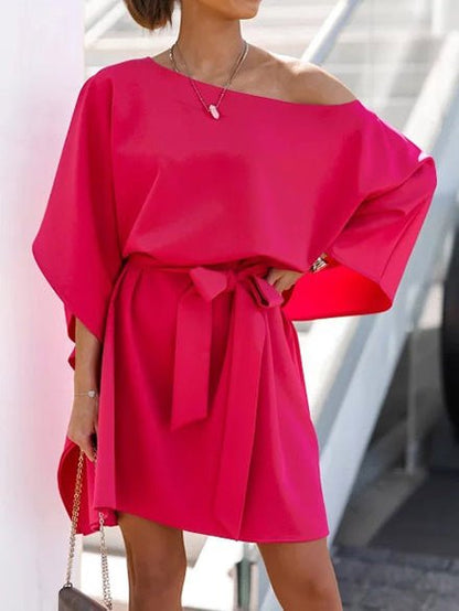 Loose Off-Shoulder Belted Doll Sleeve Dress Ins Street