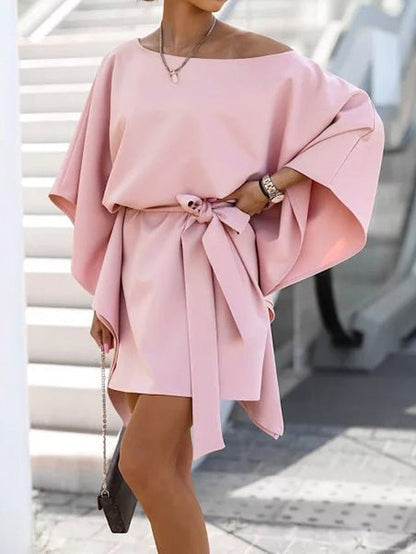 Loose Off-Shoulder Belted Doll Sleeve Dress Ins Street