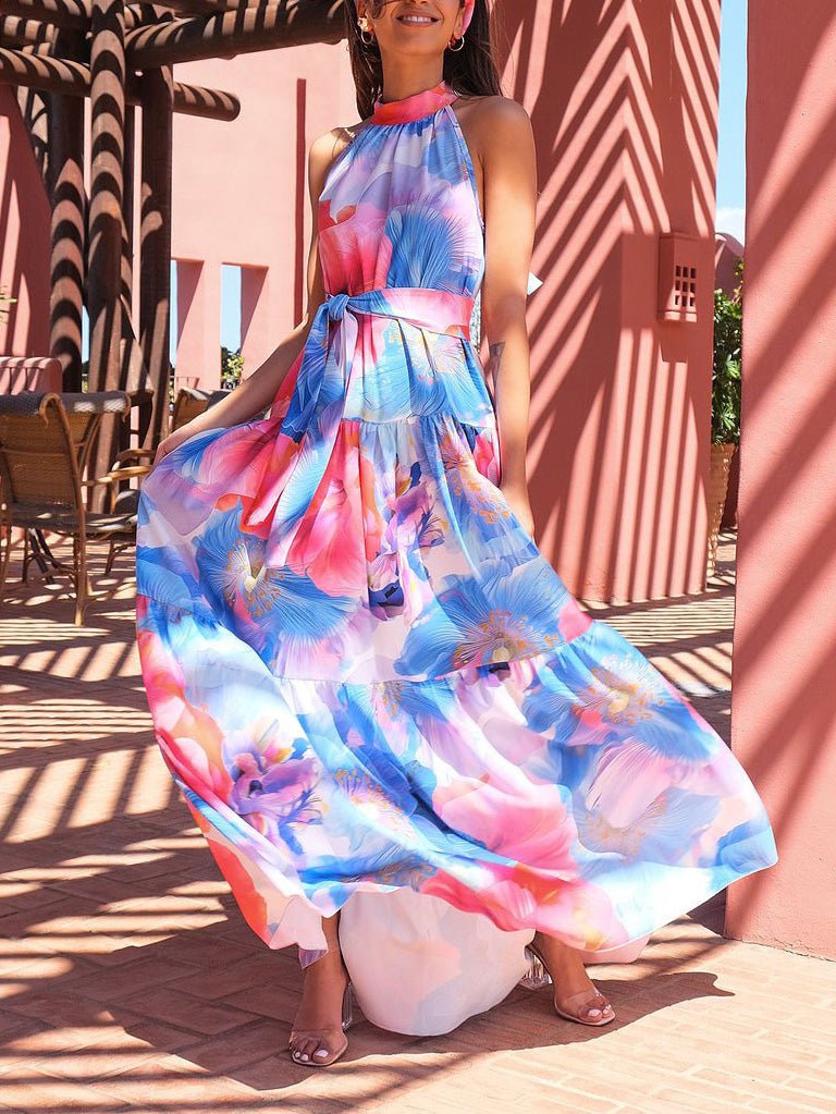 Multicolor Print Halter Neck Sleeveless Dress Ins Street