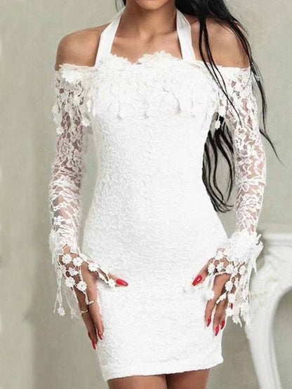 One Shoulder Lace Long Sleeve Dress