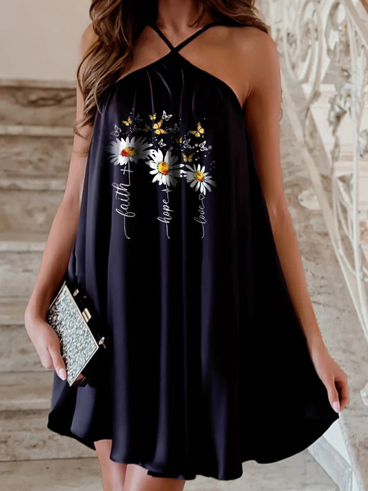 Print Halter Off Shoulder Sleeveless Dress Ins Street