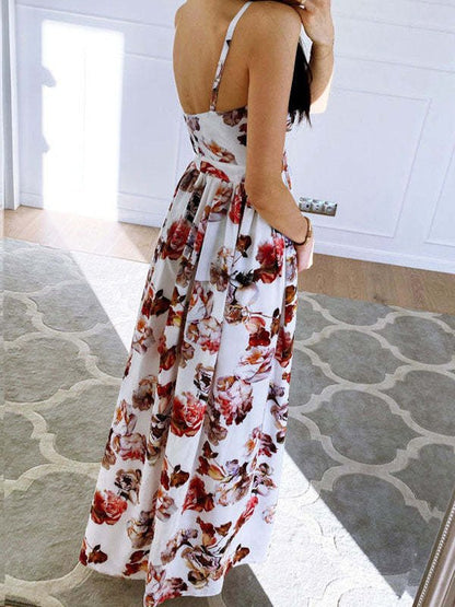 Printed Deep V-Neck Slit Sling Dress