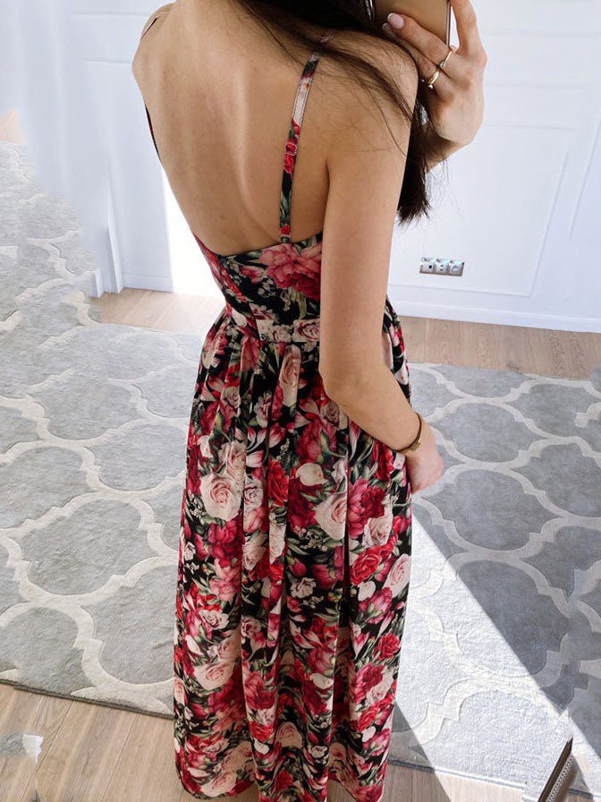 Printed Deep V-Neck Slit Sling Dress