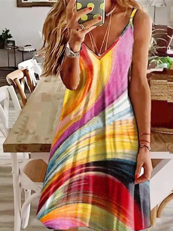 Printed Sling V-Neck Sleeveless Dress Ins Street