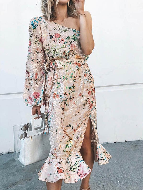 Printed Sloping Shoulder Slit Ruffle Dress Ins Street