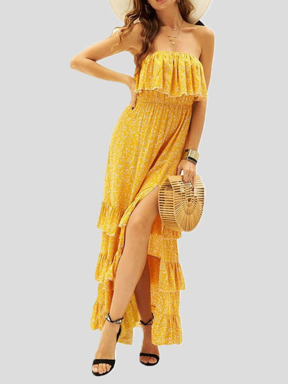 Printed Tube Top Ruffled Slit Dress