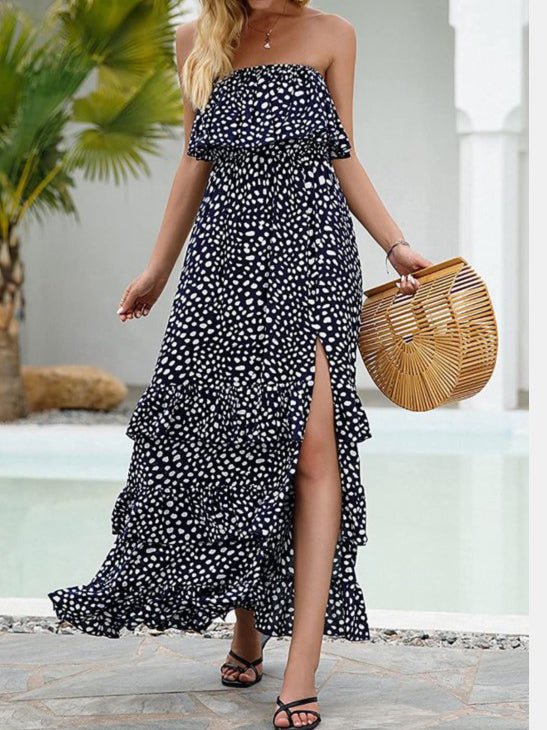 Printed Tube Top Ruffled Slit Dress