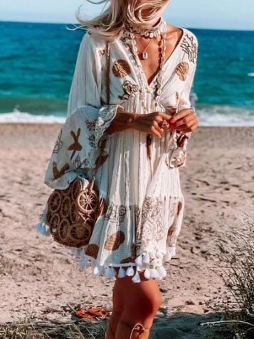 Printed V-Neck Fringed Long-Sleeve Dress