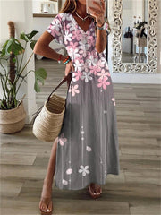 Printed V-Neck Short Sleeve Slit Dress Ins Street