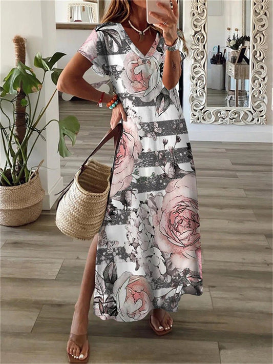 Printed V-Neck Short Sleeve Slit Dress Ins Street